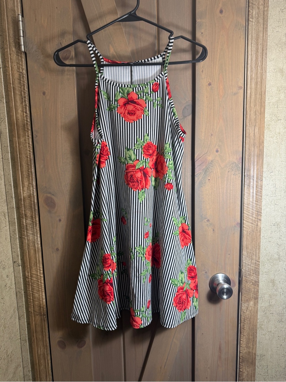Black & White Striped Midi Dress with Red Rose Print